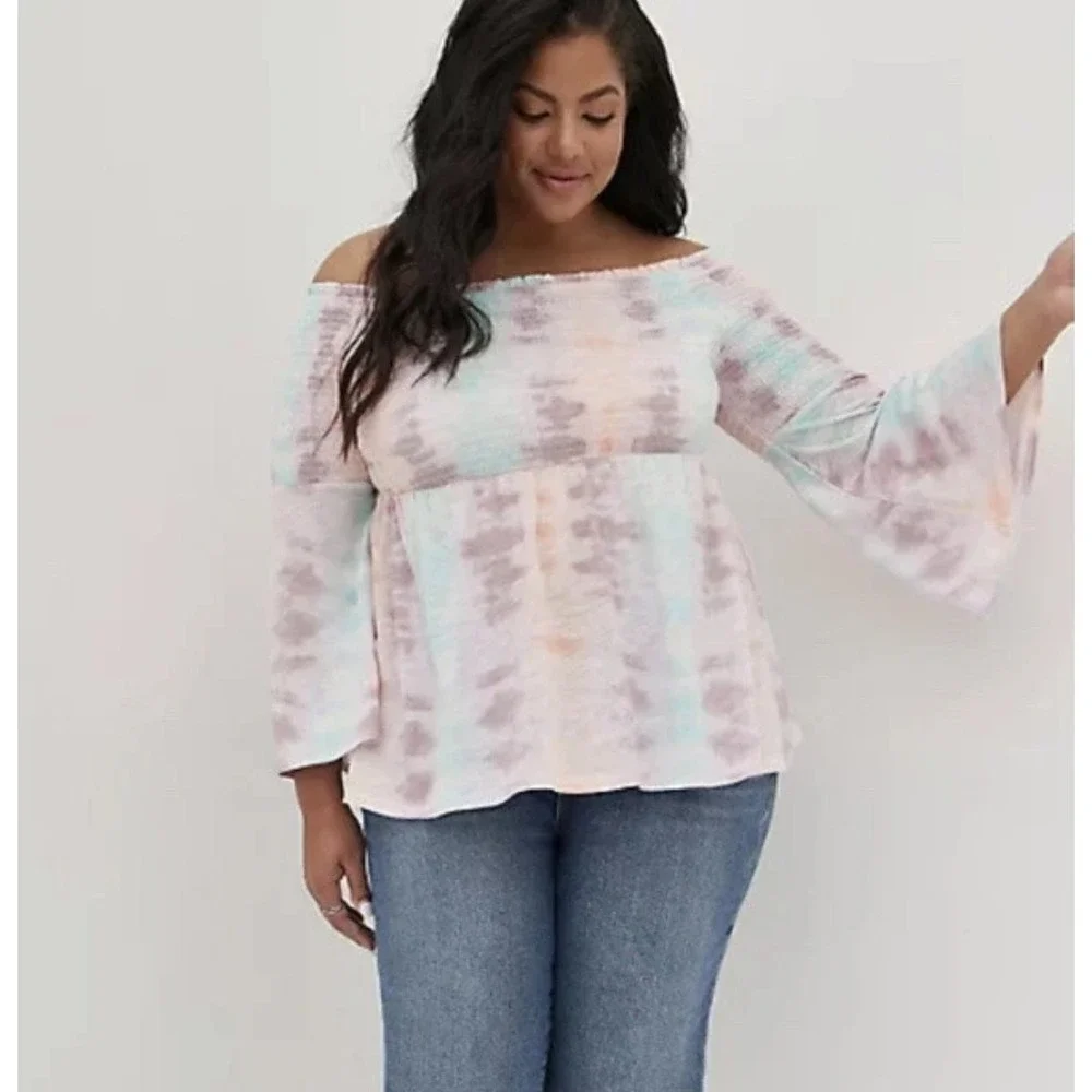 Torrid Tie Dye Cold Shoulder Babydoll Top Plus Size 3X Pastel Purple Pink Blue - Picture 1 of 5